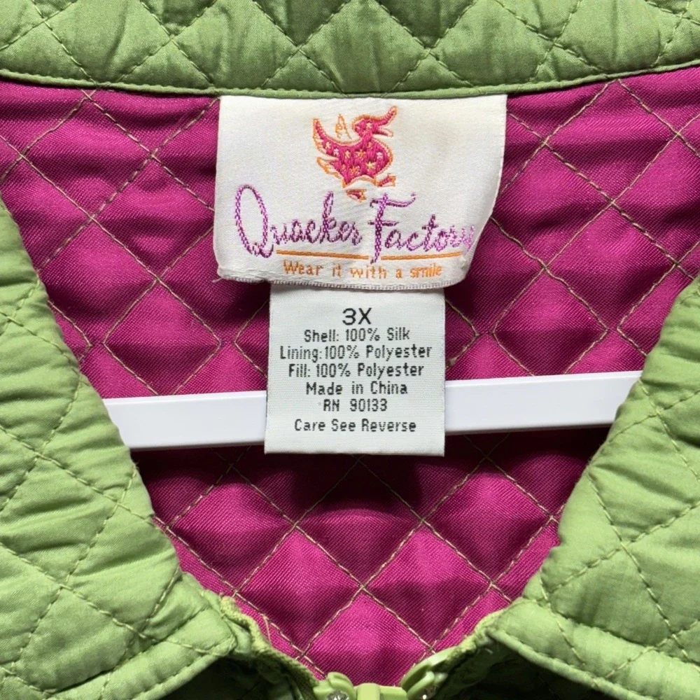 Vtg Quacker Factory Silk Jacket 3X Quilted Embroidery Grannycore Rhinestone Lady